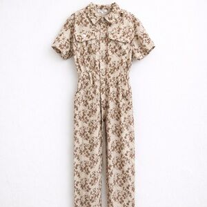Polagram Floral Corduroy Utility Jumpsuit Medium Cream Brown